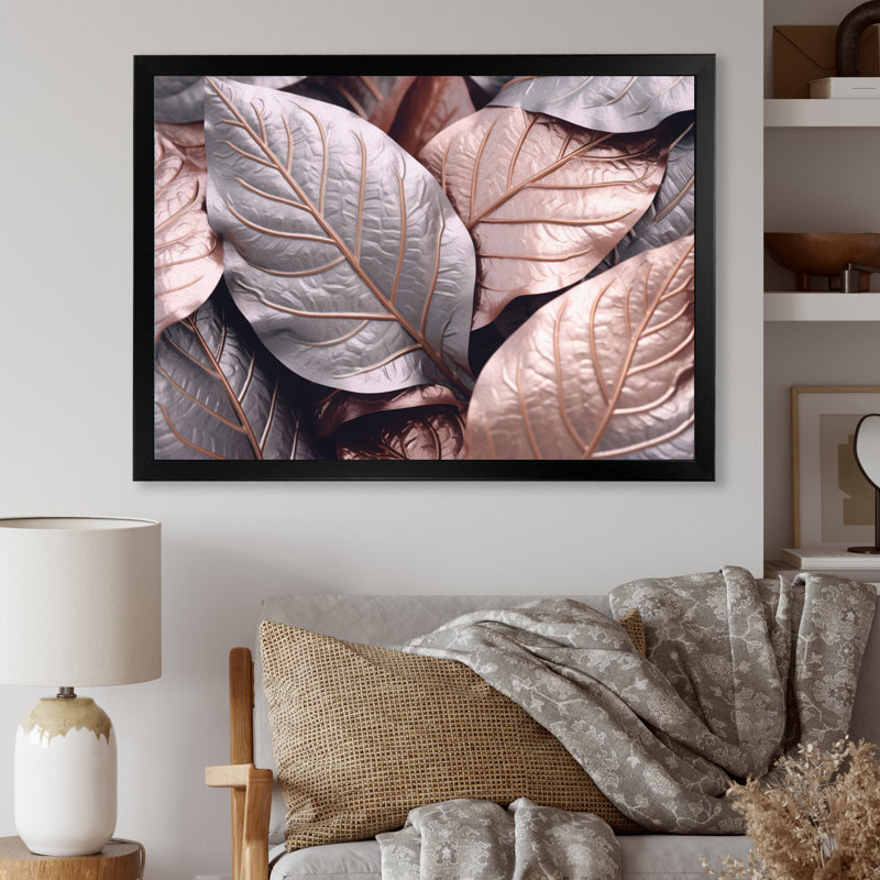 «Gold Pink Leafs Harmony I» sur toile, Cadre photo noir, H 24 po x l 32 po x P 1 po