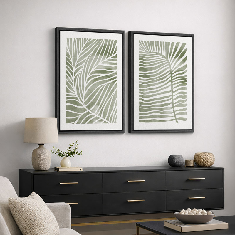 Abstrait botanique «feuilles de palmier tropical vert sauge délavé, images murales minimalistes modernes et simples, impression sur toile encadrée 2 pièces, ensemble de 16 x 24 x 2, 24 x 36 x 2