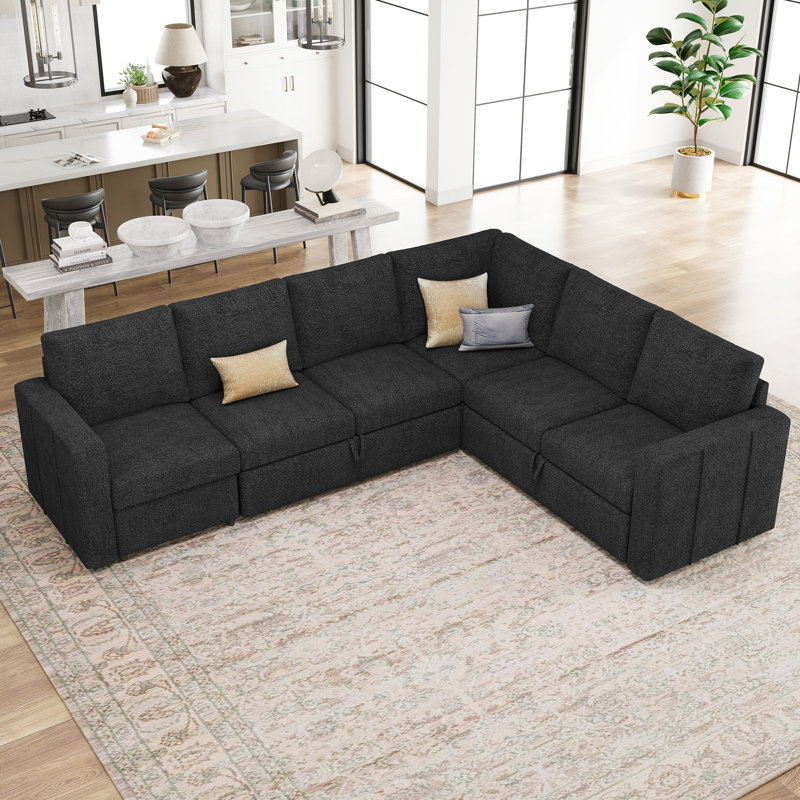 Grand canapé-lit modulaire Seybert, Chenille - gris foncé