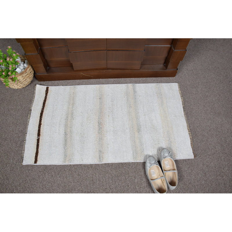 Tapis turc Oushak rétro tissé à la main vintage à rayures beiges, idéal pour décorer un couloir de style bohème