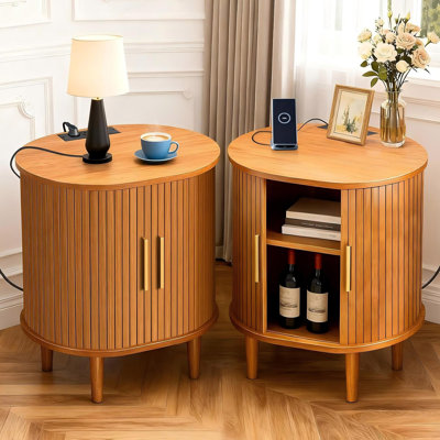 Nightstands Set Of 2 & Charging Station, Fluted Accent Side Table With Sliding Door & Adjustable Shelf, Mid-century Modern End Table For Small Space, Living Room, Bedroom