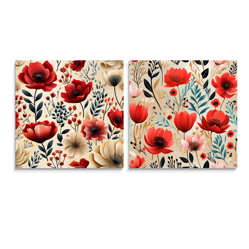 Aquarelle de coquelicots, motif floral rouge et blanc, H 16 po x l 33 po