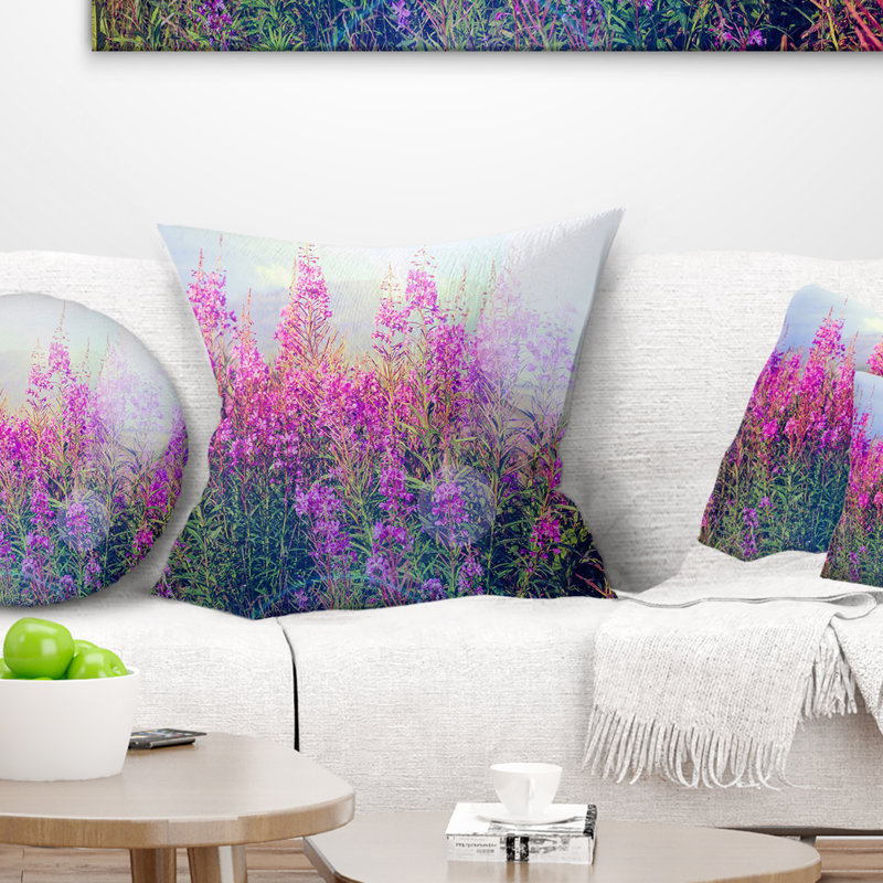 Coussin Floral Prairie, Pourpre / Vert foncé, 18 po x 18 po, Carré