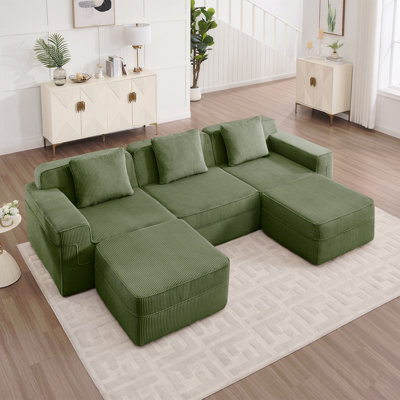 Canapé modulaire modulaire à 3 places désossé, canapé modulaire Cloud avec siège très profond, canapé modulaire 3 places de style moderne avec coussins décoratifs et repose-pieds mobile, revêtement en velours côtelé