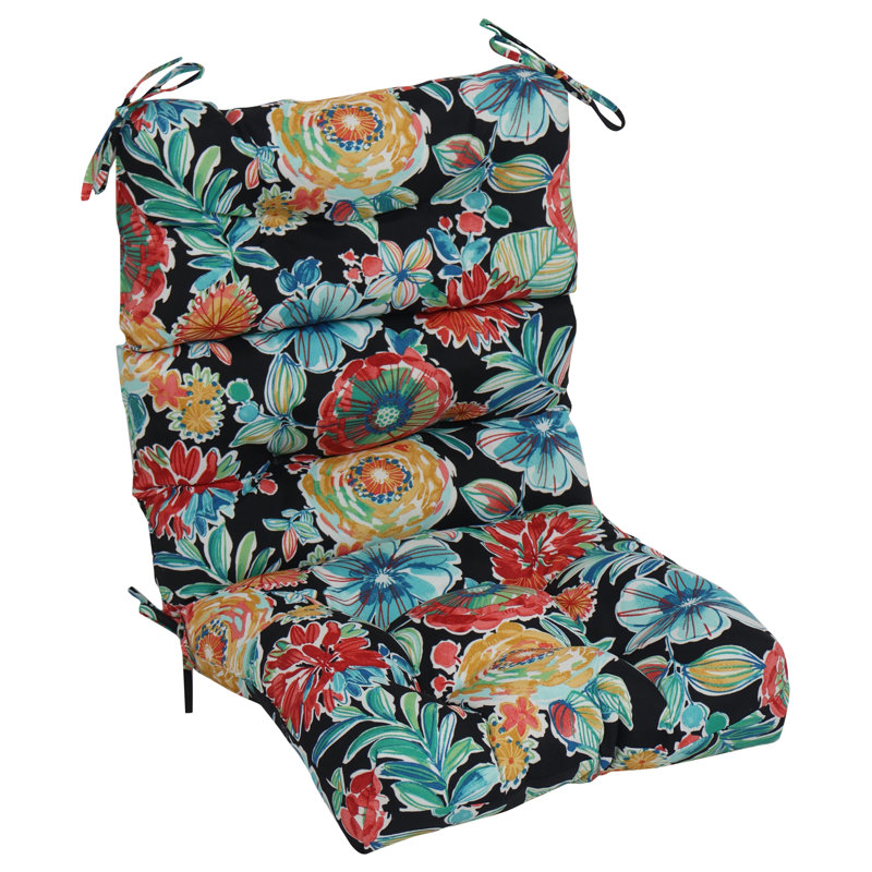 Outdoor Tufted Seat/Back Chair Cushion, Black/Colsen Noir Floral, 20" W x 20" D