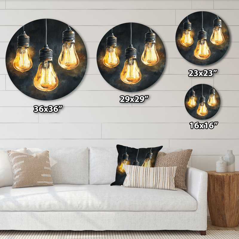 Ampoule industrielle trio - Art mural rond industriel en métal, L 36 po x H 36 po