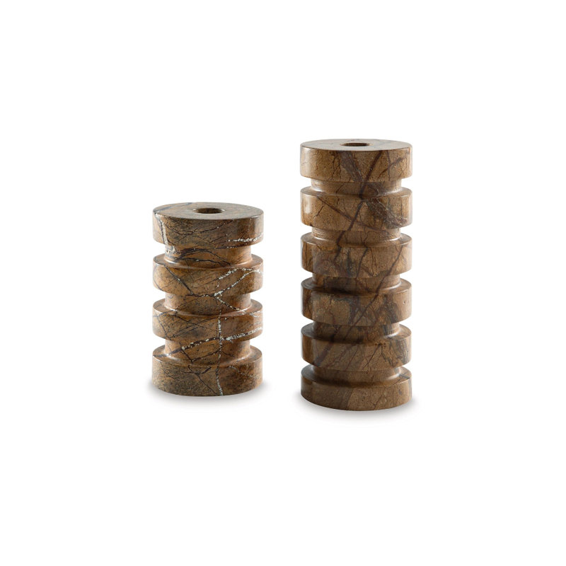 Ensemble de 2 porte-bougies Erya, finition marbrée brun clair empilé