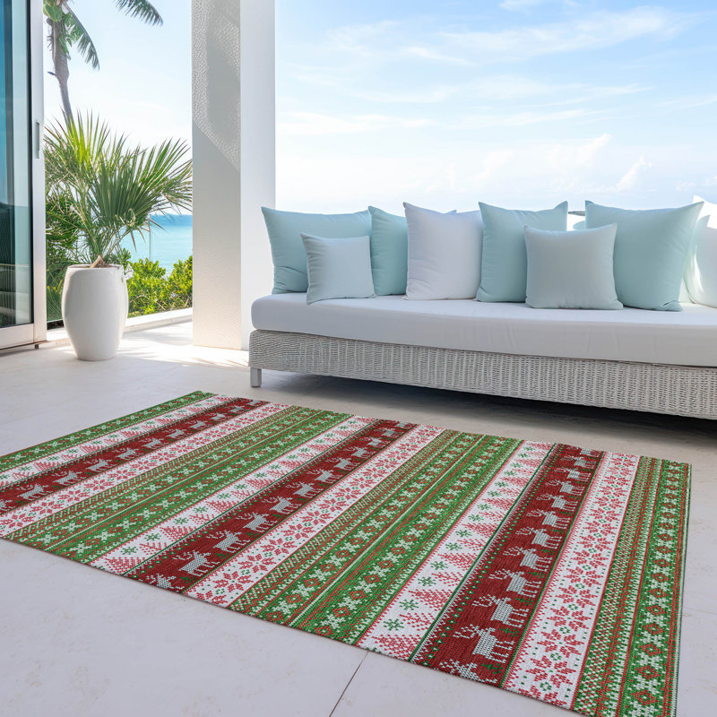 Machine Washable Indoor/Outdoor Christmas Reindeers Xhevrie Green Rug, Rectangle 9' x 12'