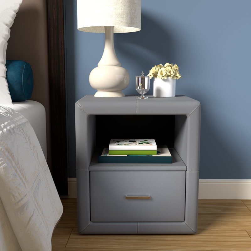Manhattan Upholstered Faux Leather Nightstand-Pre Assembled Low Profile End Table, Gray