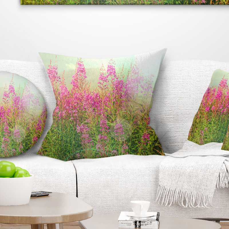 Coussin Floral Prairie, Rose / Vert clair, 16 po x 1 po, Carré