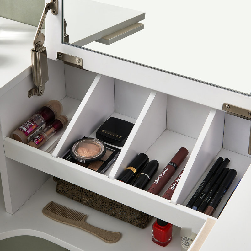 Rebord mural transitionnel blanc avec miroir - Gain de place pour vos accessoires de coiffure et outils de coiffage