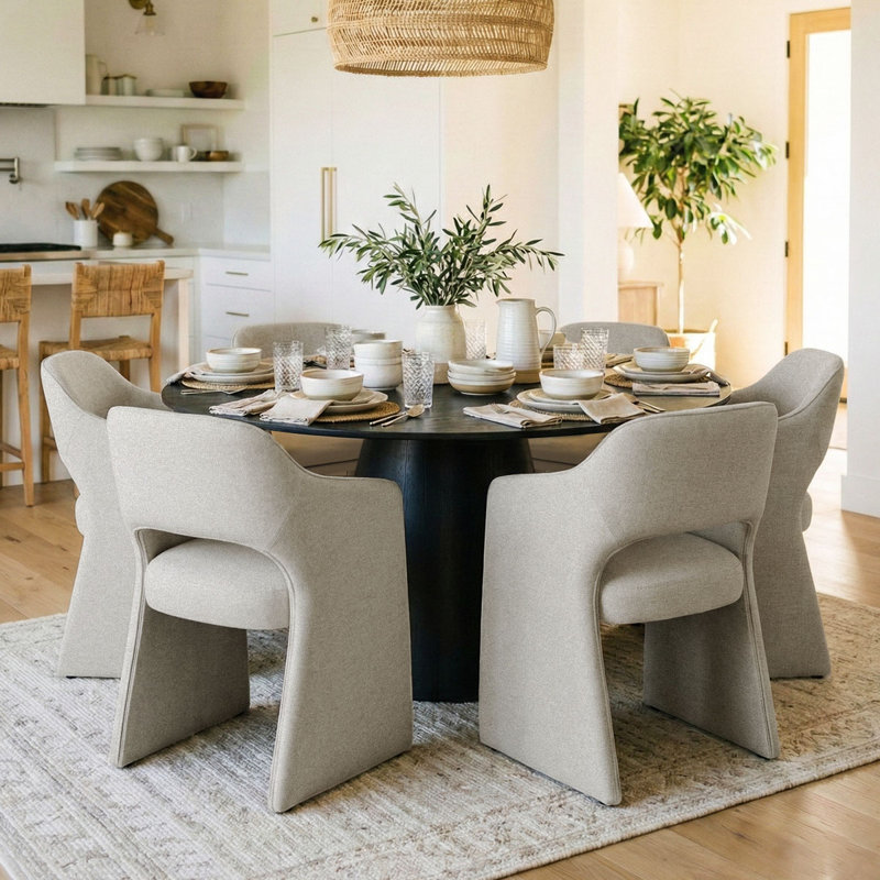 Ensemble de table de salle à manger pour 6 personnes avec table ronde et 6 chaises rembourrées imperméables, Beige, Noir