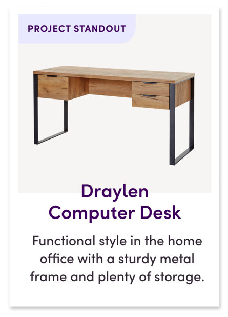 Project Standout, Draylen Computer Desk, functional style in the home office with a sturdy metal frame and plenty of storage.