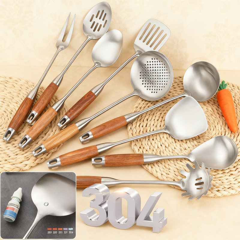 Ensemble d'ustensiles de cuisine 9 pièces en acier inoxydable avec poignées en bois Professional