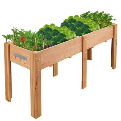 72 Inch Outdoor Wood Planter Station Elevated Standing Garden Bed For Balcony Patio Vegetable Grow Trough With Protective Fabric Liner