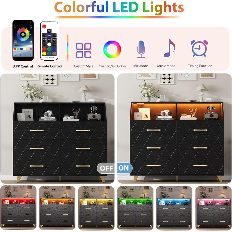 6 Drawer Wooden Dressers for Bedroom w/ Lights and Charging Station, Wood Dresser for Adult and Kids Bedroom, Living Room