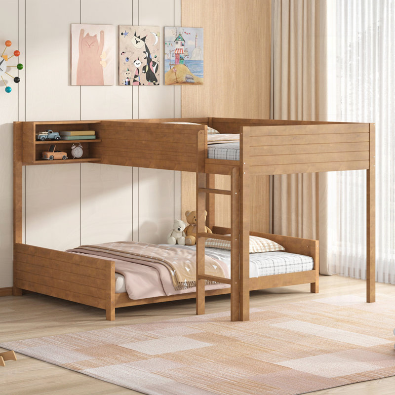 Lit superposé en bois double TG avec tablette de rangement intégrée et échelle, avec support à lattes, Walnut