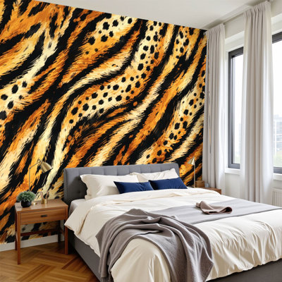 Peel and Stick Wallpaper 96" W x 69" H Modern Self Adhesive Wall Mural for Bedroom Tiger Skin Exotic Texture Animal Striped Skin Fur Texture