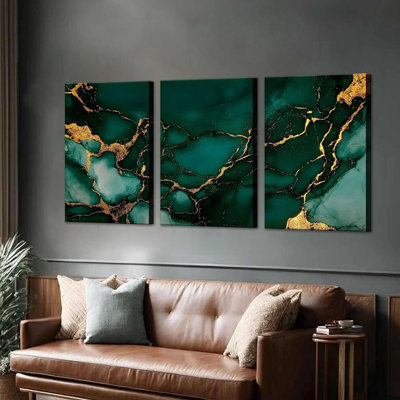3 pièces émeraude vert et or toile murale moderne abstrait magnifique peintures fluides en marbre photos salon décoration murale affiches impression pour chambre à coucher salle de bain bureau décoration de la maison