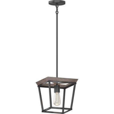 1-Light Black and Wood Grain Bulb Square Cage Pendant Light