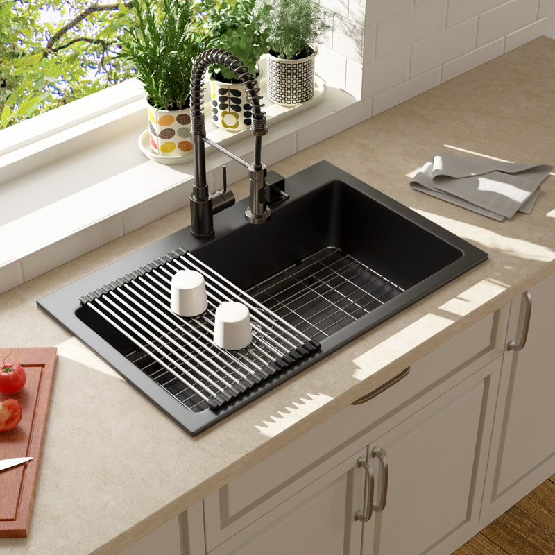 Quartz 33" x 22" Drop-in Quartz Kitchen Sink Single Bowl Kitchen Sink Granite Composite Kitchen Sink, Black