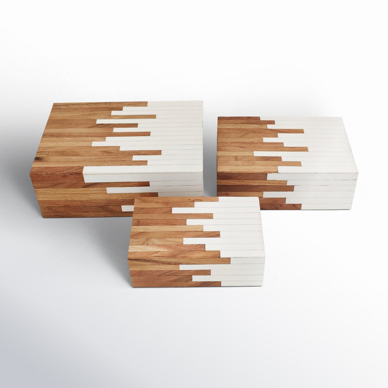 Ensemble de 3 boîtes de rangement décoratives en polyrésine brune et naturelle et bois