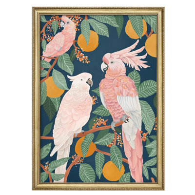 " Tropical Cockatoos And Citrus Fruits Vibrant Framed Art Gold Framed Wall Art Decoration "