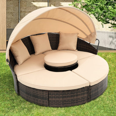 All-weather Patio Bed With Canopy: Round Daybed And Pillows Outdoor Lounge Comfy Cushions Covers