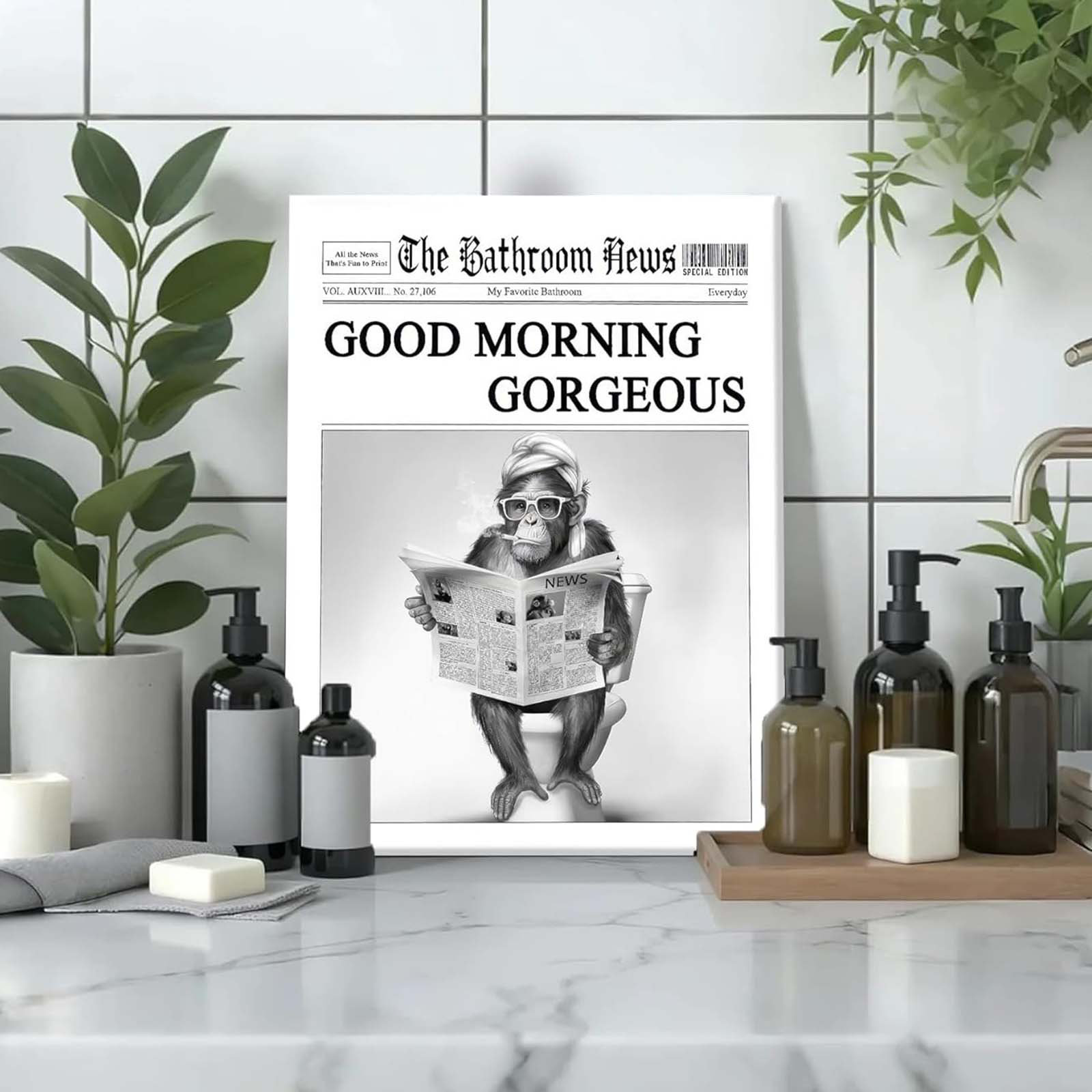 Ophelia & Co. Funny Gorilla Bathroom Canvas Wall Art Black White