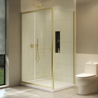 Breeze 48 in. L x 32 in. W x 75.59 in. H Straight Corner Shower Kit in Brushed Gold with Clear Sliding Door and Pan