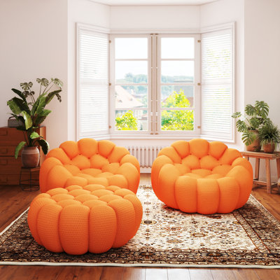 Kayi 48.43" Upholstered Pumpkin-shaped Club Accent Compression Chair With Ottoman(set Of 2), No Assembly Required