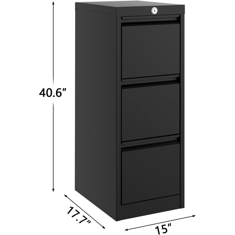 3 Drawer Vertical File Cabinet With Lock - Metal Filing Cabinet For Letter/Legal/A4/F4 Size Documents, Heavy Duty Steel Office Storage Organizer, Black