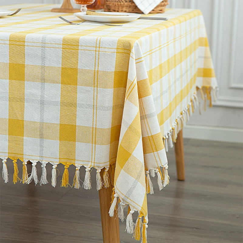 Gracie Oaks Yellow & White Plaid Cotton Blend Woven Tasseled Tablecloth, 56"x88" Rectangular, 56" x 56"