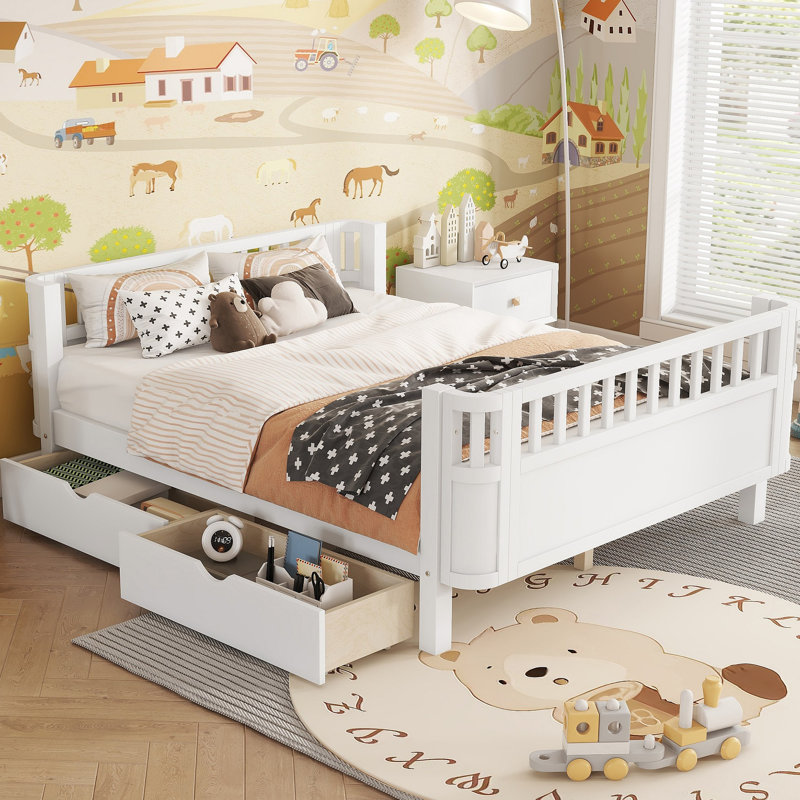 Lit plateforme en bois pour enfants, lit simple en bois à profil bas avec rails pour filles et garçons, Double, Blanc