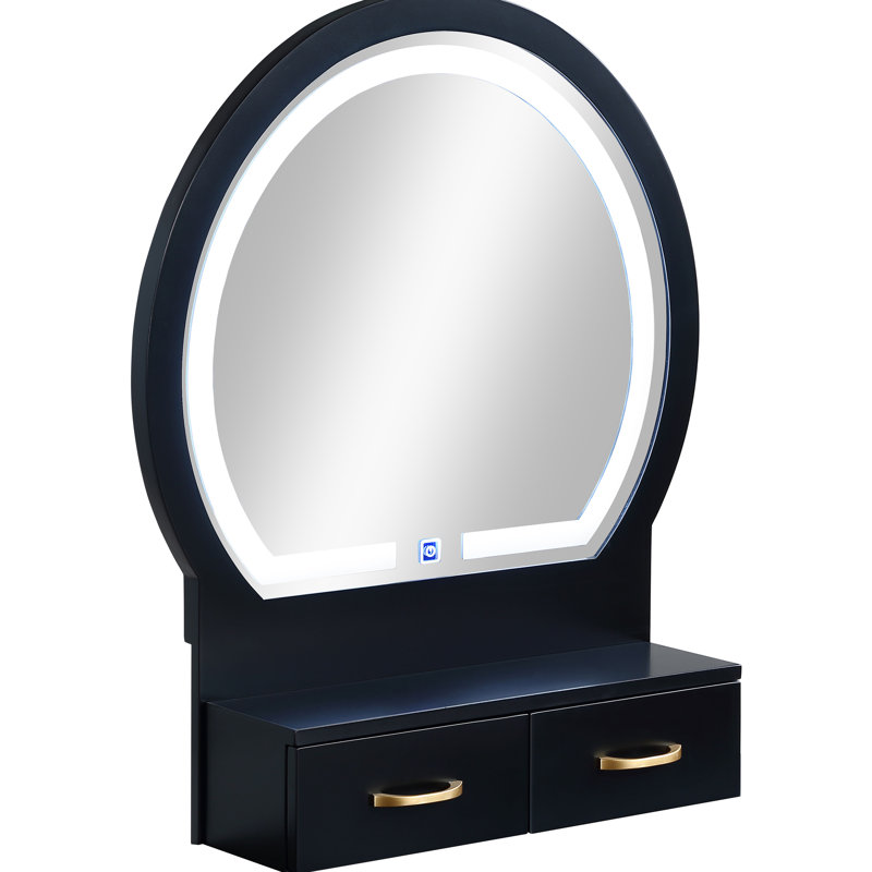 3Pc Vanity Table And Stool Set Built-In Led-Lit Mirror Matching Cushioned Stool Gold-Accented Handles Wooden Home Furniture