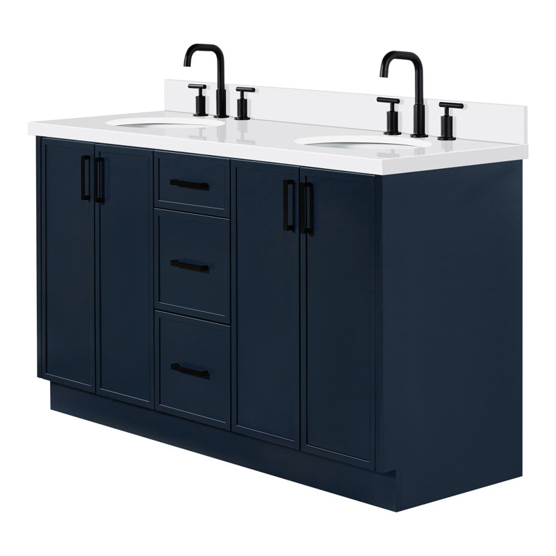 Ariel Kellie 61 Inch Double Oval Sink Bathroom Vanity With Pure Quartz Countertop, Gray