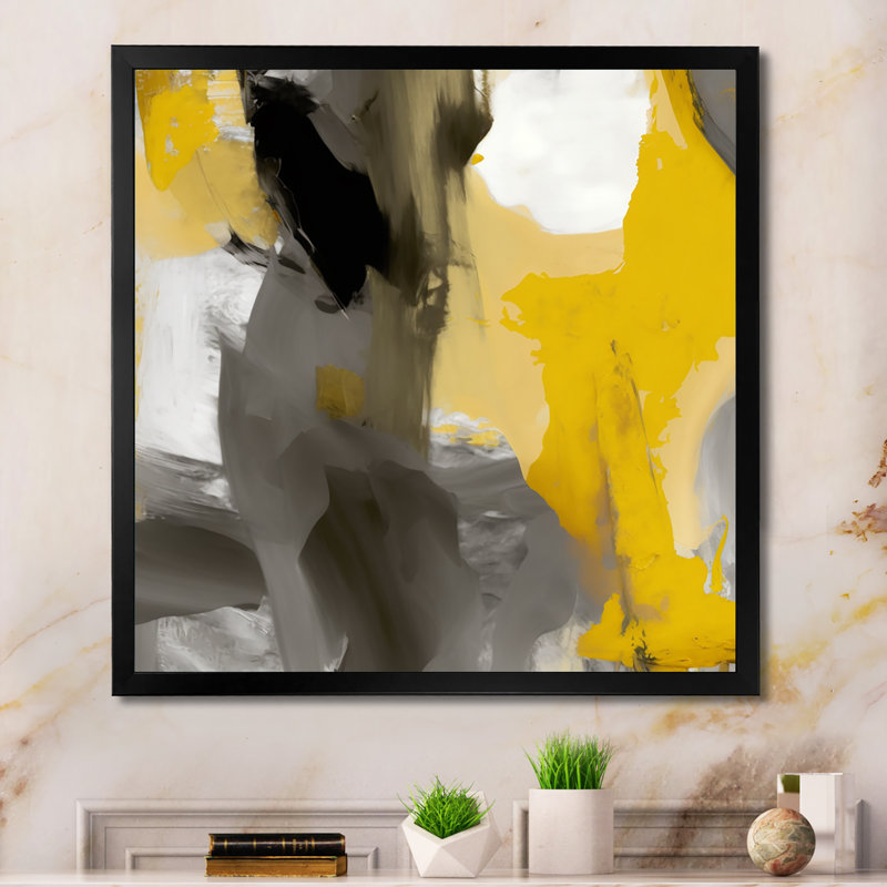 Jaune moutarde et gris vif II - reproduction sur toile, Impression noire sur toile encadrée, L 16 po x H 16 po