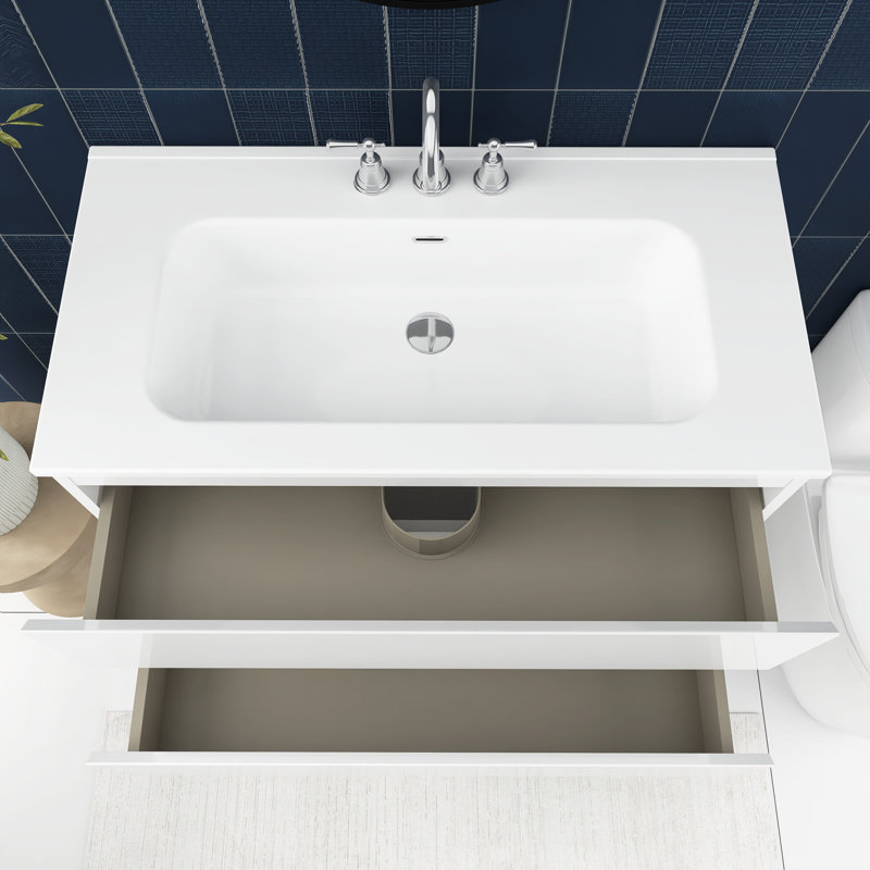 36 po Meuble-lavabo mural avec lavabo en céramique intégré, Blanc