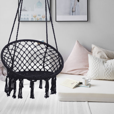 Siège intérieur confortable: coton tissé à la main, poids maximal de 330 lb. Chaise suspendue noire: matériau en coton, pour se détendre à l'intérieur et à l'extérieur