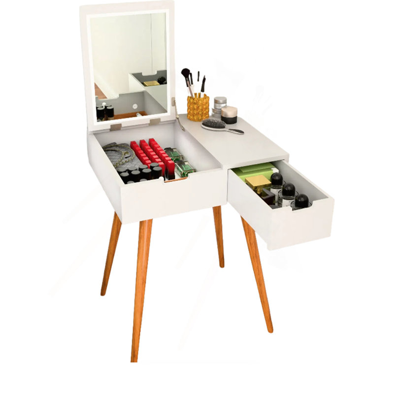 Petite coiffeuse de maquillage, bureau avec 2 tiroirs, organisateur de miroir rabattable, coiffeuse de maquillage pour chambre à coucher, vestiaire