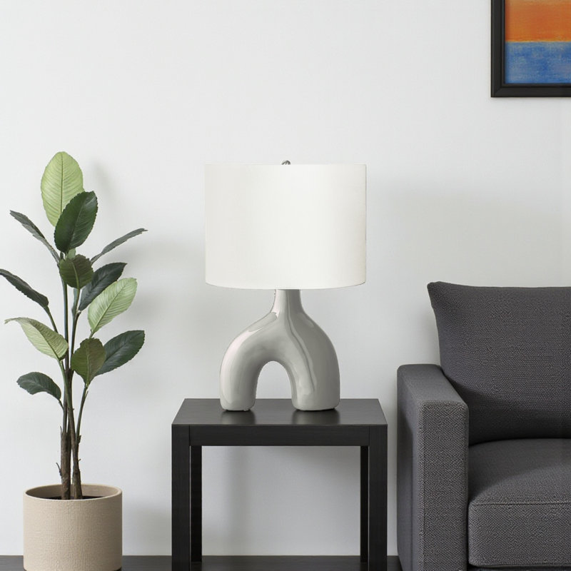 Larkin Standard Ceramic Table Lamp in Gray and Linen Shade, 25.06'' H X 16.25'' W X 10.77'' D