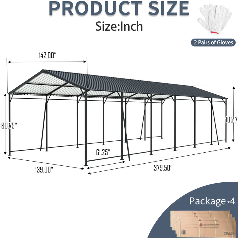 Abri d'auto robuste 12 * 32 Ft avec 4 tubes carrés inclinés fixes, cadre thermolaqué pour une longue durée, cadre adapté aux événements extérieurs, stable sur différentes surfaces, rangement idéal pour les véhicules