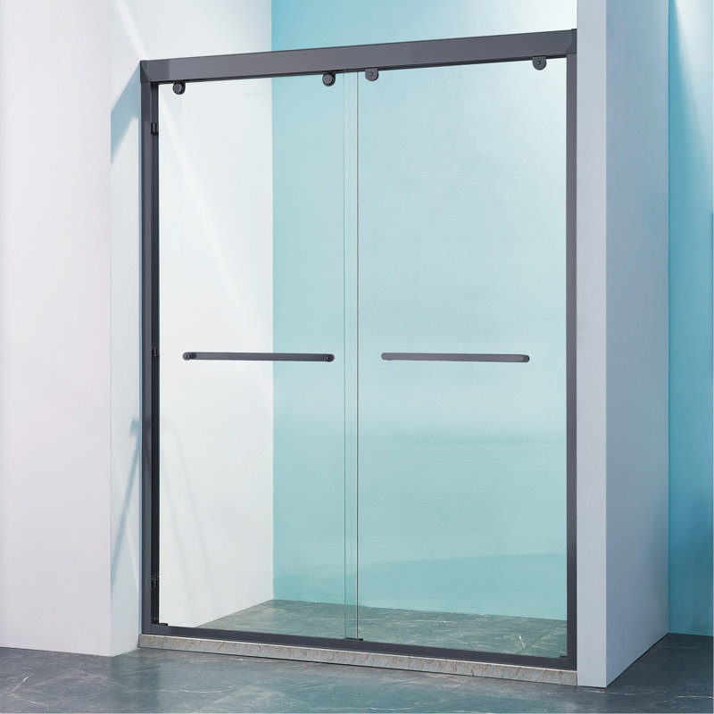 Porte de douche coulissante double l 56 à 60 po x H 75 po, cadre en alliage d'aluminium noir mat, verre trempé clair de 5/16 po (8 mm) d'épaisseur.