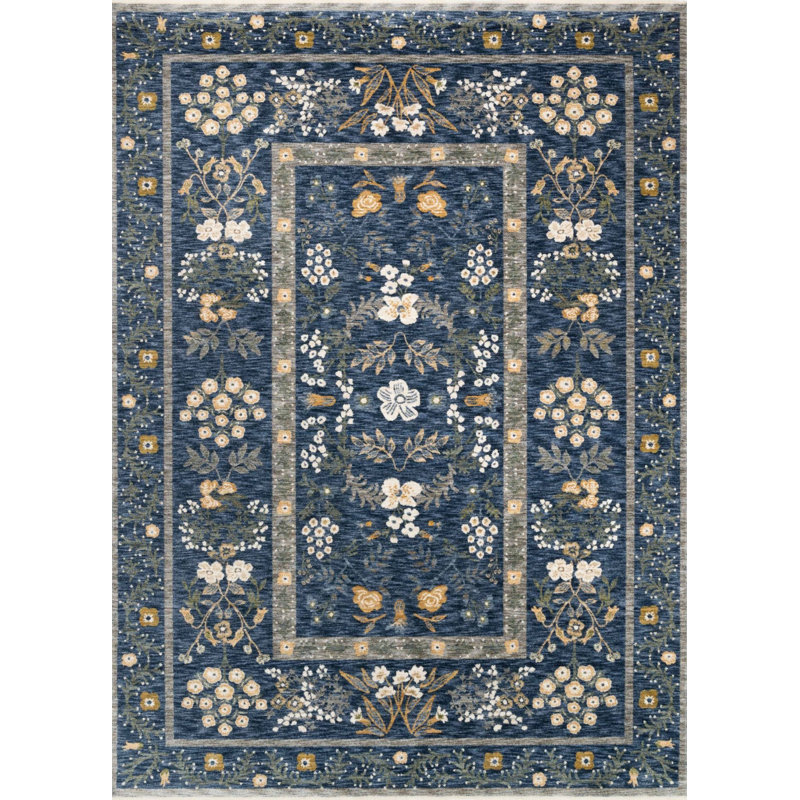 Tapis tissé à motif floral tissé rf bleu marine et moutarde, Rectangle 5 pi 1 po x 7 pi 6 po