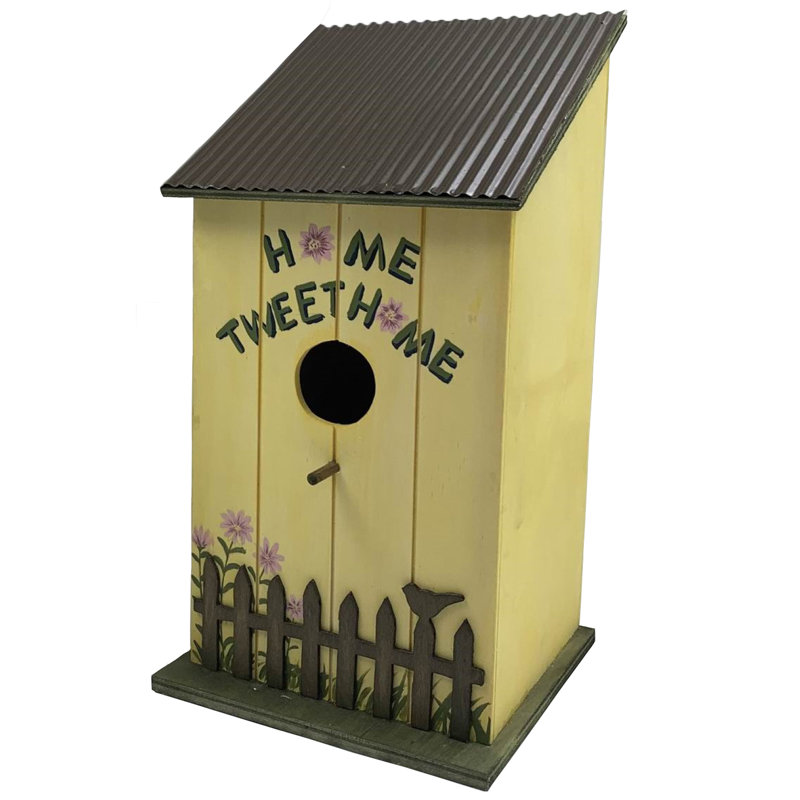 Yellow Hand-Painted Wooden Bird House with Brown Picket Fence