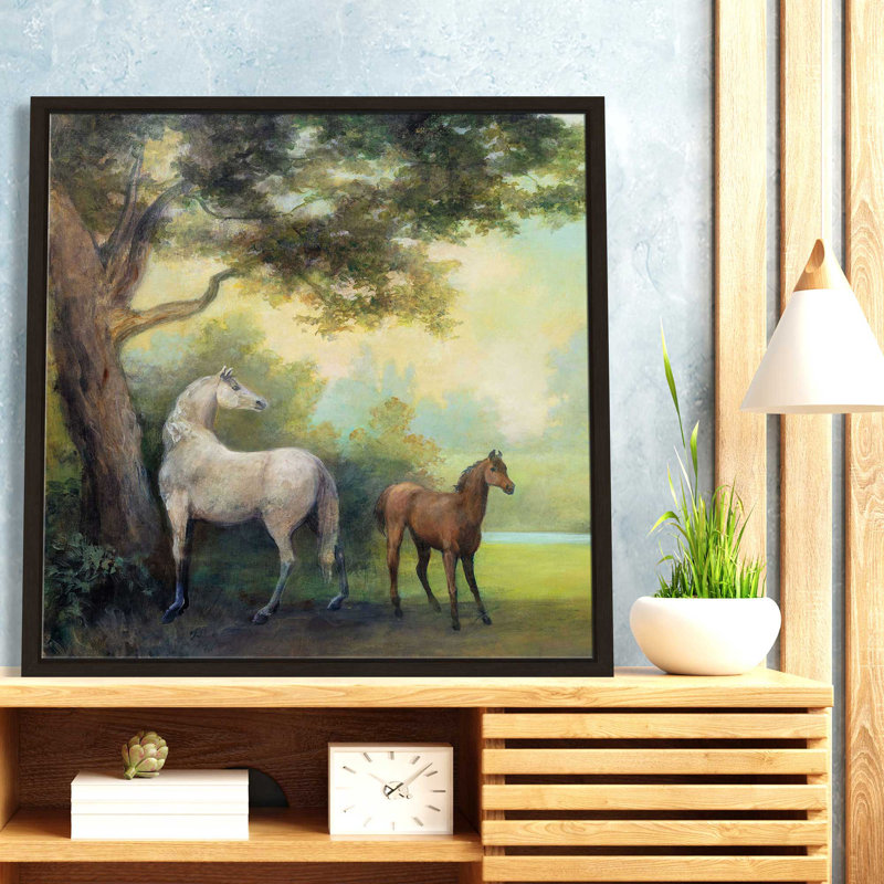 «Near the pasture» - Peinture, L 39,5 po x H 39,5 po, Encadrement brun