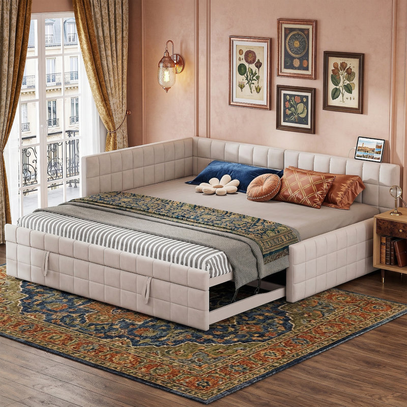 80.9" Full Size Upholstered Daybed With Twin Pop-Up Trundle - L-Shaped Backrest Sofa Bed With Built-In USB Ports - 32.3" High Guest Bed With 650 Lbs Capacity - Beige