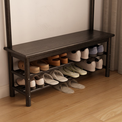 Solid Wood Hall Tree with Bench and Shoe Storage, Entryway Organizer with 11 Hooks and Two-Tier Shoe Rack for Mudroom or Hallway