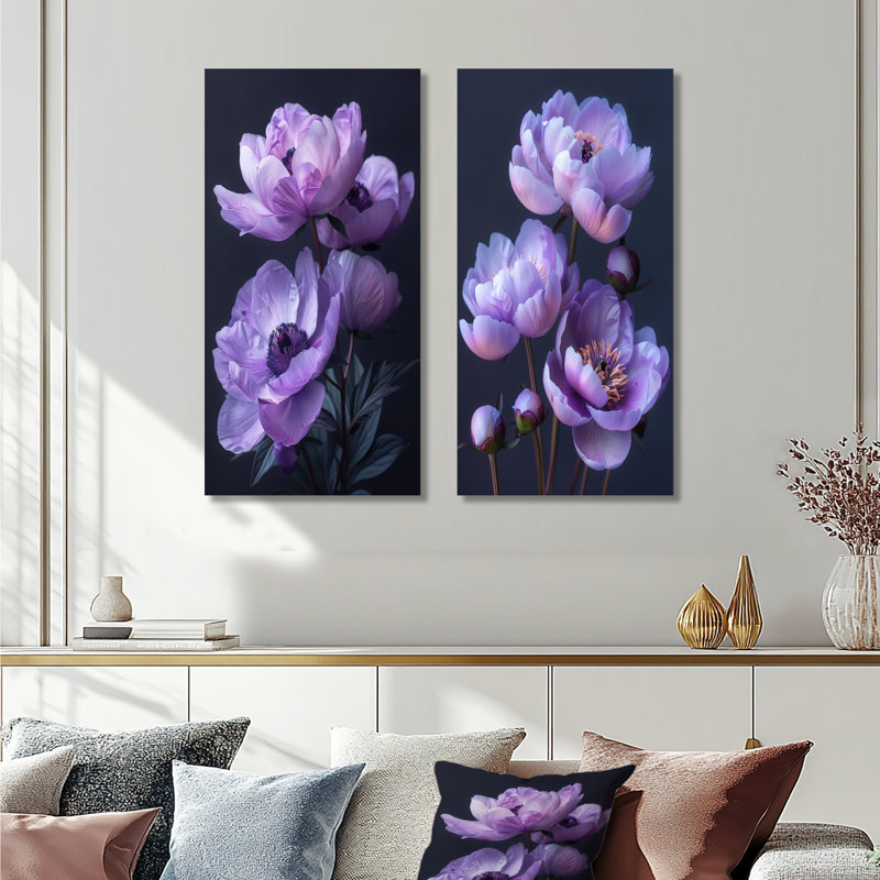 Mauve noir et mystérieux pivoines I - ensemble de 2 décorations murales botaniques en métal, 32" H x 32" W