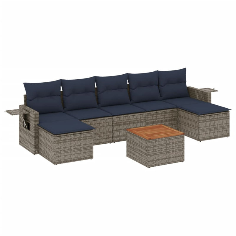 Ensemble de canapé de patio 8 pièces avec coussins en rotin de polyester, Bleu foncé, Gris